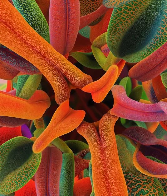 Composição abstrata colorida com formas orgânicas alongadas em tons vibrantes de laranja, verde, rosa e vermelho, entrelaçadas em direção a um centro escuro, criando a sensação de profundidade e textura granulada.