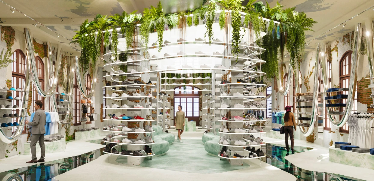 Uma loja de calçados moderna apresenta prateleiras curvas brancas repletas de sapatos, plantas suspensas acima, grandes janelas e algumas pessoas observando as mercadorias.
